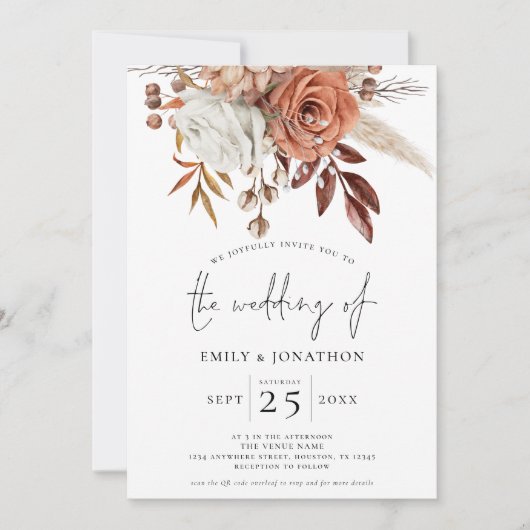 Rustic Terracotta Florals QR Code Wedding Kaart