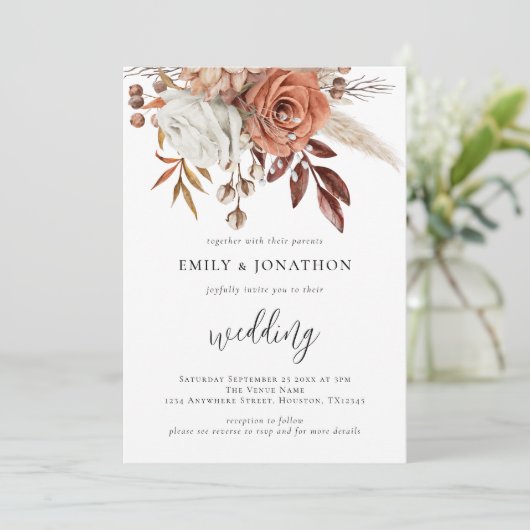 Rustic Terracotta Florals QR Code Wedding Kaart (Staand voorkant)