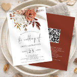 Rustic Terracotta Florals QR Code Wedding Kaart<br><div class="desc">Rustic Terracotta Florals QR Code Wedding. Mooie herfst gekleurde bloemen versieren de bovenste rand. Voeg uw QR-code op de achterkant toe aan uw trouwwebsite, zodat uw gasten RSVP kunnen bekijken en alle details online kunnen bekijken zonder dat er afzonderlijke bijlagen nodig zijn. Een informele set typografie in het zwart voor...</div>