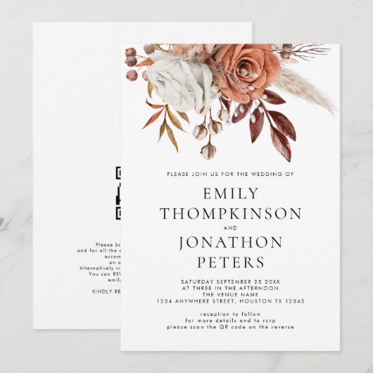Rustic Terracotta Florals QR Code Wedding Kaart (Voorkant / Achterkant)
