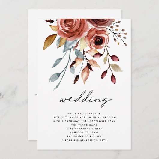 Rustic Terracotta Florals QR Code Wedding Kaart (Voorkant / Achterkant)