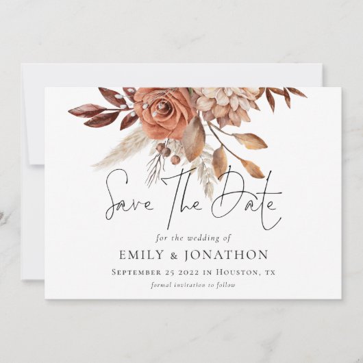 Rustic Terracotta Florals QR Code Wedding Save The Date (Voorkant)