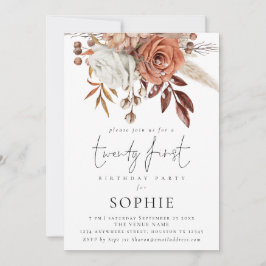 Rustic Terracotta Florals Script 21st Party Kaart