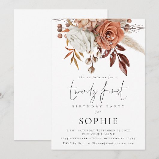 Rustic Terracotta Florals Script 21st Party Kaart (Voorkant / Achterkant)
