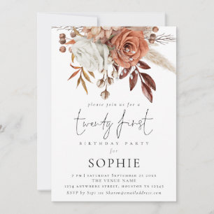 Rustic Terracotta Florals Script 21st Party Kaart