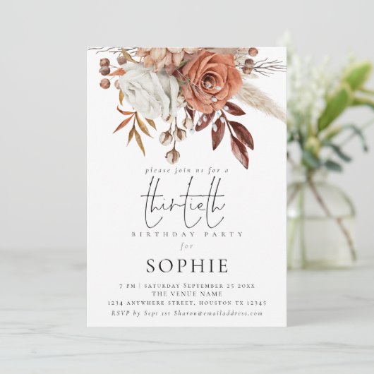 Rustic Terracotta Florals Script 30th Birthday Kaart (Staand voorkant)