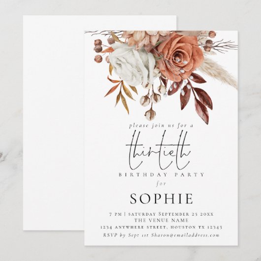 Rustic Terracotta Florals Script 30th Birthday Kaart (Voorkant / Achterkant)