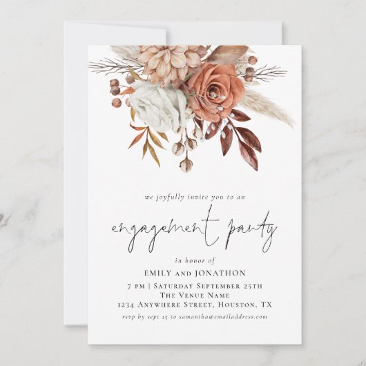 Rustic Terracotta Florals Script Engagement Party Kaart (Voorkant)