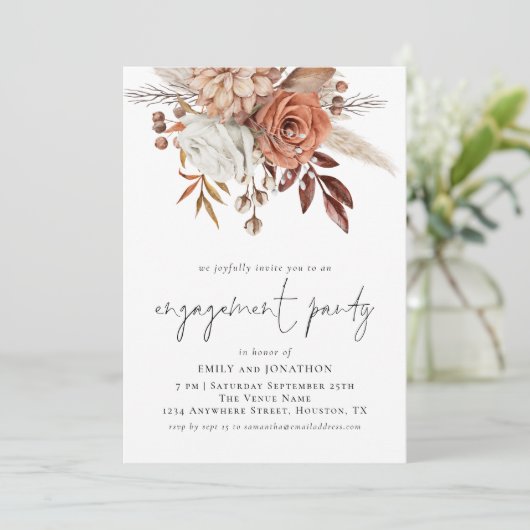 Rustic Terracotta Florals Script Engagement Party Kaart (Staand voorkant)