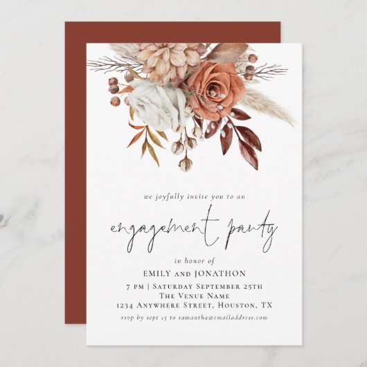 Rustic Terracotta Florals Script Engagement Party Kaart (Voorkant / Achterkant)
