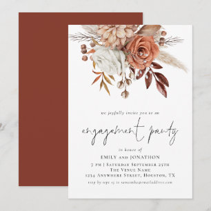 Rustic Terracotta Florals Script Engagement Party Kaart