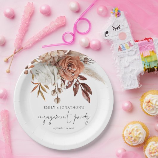 Rustic Terracotta Florals Script Engagement Party Papieren Bordje (Feest)