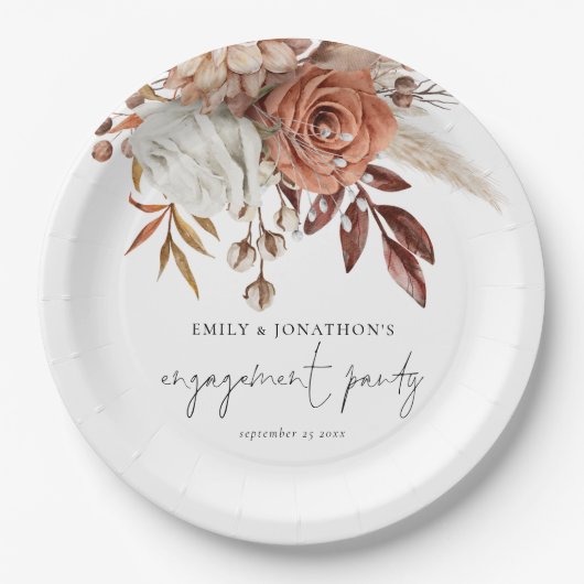 Rustic Terracotta Florals Script Engagement Party Papieren Bordje (Voorkant)