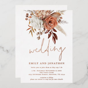 Rustic Terracotta Florals Script Wedding Real Foli Folie Uitnodiging