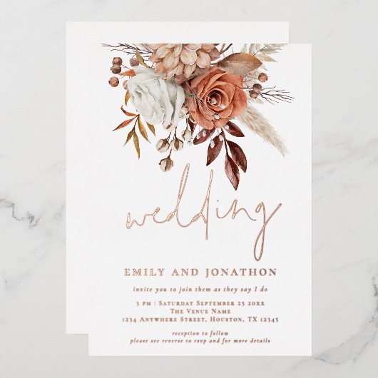 Rustic Terracotta Florals Script Wedding Real Foli Folie Uitnodiging (Voorkant / Achterkant)