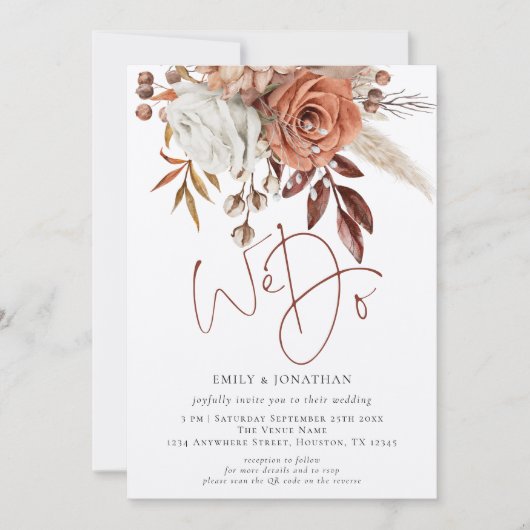 Rustic Terracotta Florals we QR code Weddenschap d Kaart (Voorkant)