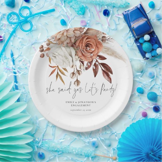Rustic Terracotta Florals Ze zei ja Verloving Papieren Bordje (Feest)