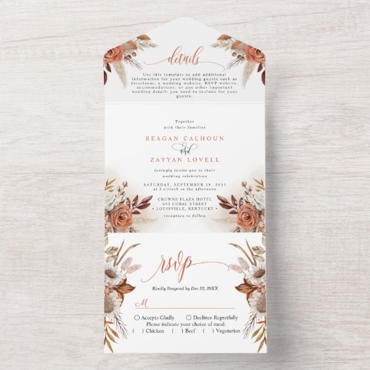 Rustic Terracotta Flowers and Pampas Grass Wedding All In One Uitnodiging (Binnen)