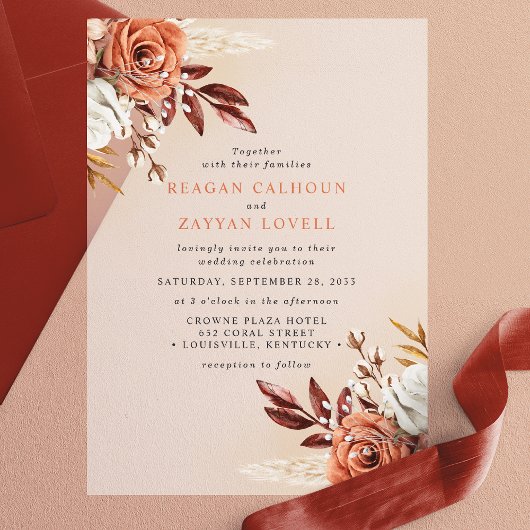 Rustic Terracotta Flowers and Pampas Grass Wedding Vellum Uitnodigingen