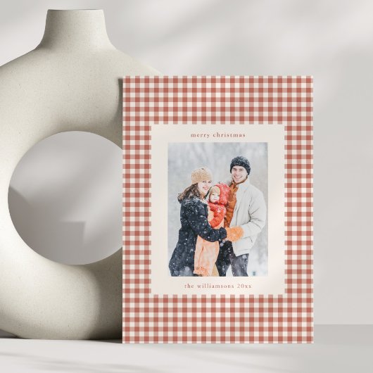 Rustic Terracotta Gingham Plaid Christmas Photo Feestdagenkaart