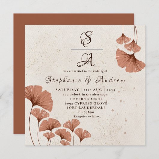 Rustic Terracotta Ginkgo Foliage Wedding Kaart (Voorkant / Achterkant)