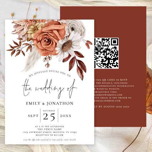Rustic Terracotta Herfst Florals QR Code Wedding Kaart