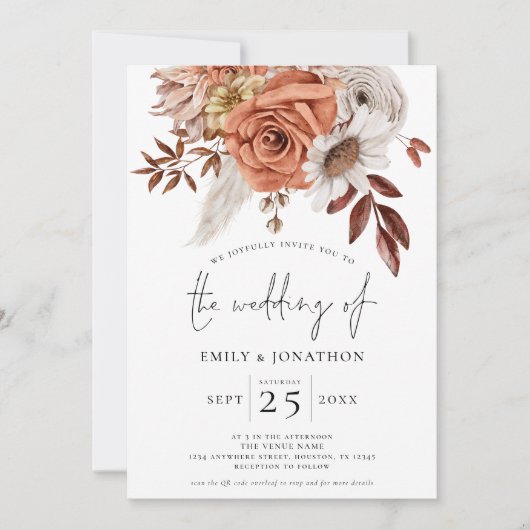 Rustic Terracotta Herfst Florals QR Code Wedding Kaart (Voorkant)