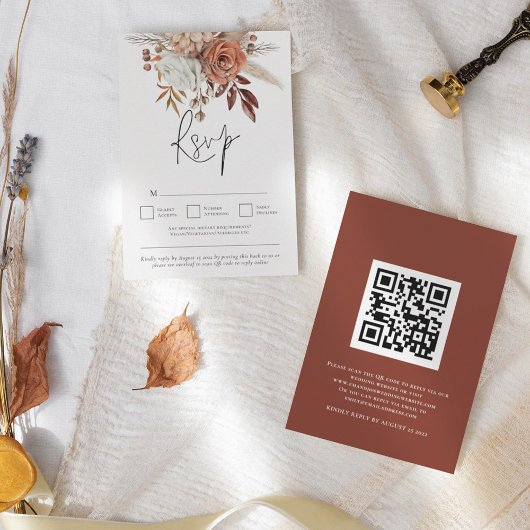 Rustic Terracotta Herfst Florals QR Code Wedding RSVP Kaartje