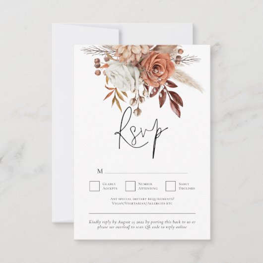 Rustic Terracotta Herfst Florals QR Code Wedding RSVP Kaartje (Voorkant)