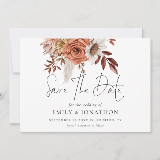 Rustic Terracotta Herfst Florals QR Code Wedding Save The Date (Voorkant)
