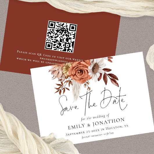 Rustic Terracotta Herfst Florals QR Code Wedding Save The Date