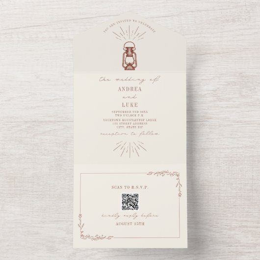 Rustic Terracotta Lantern QR Code RSVP in één All In One Uitnodiging (Binnen)