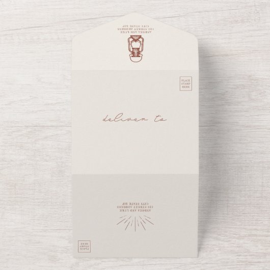 Rustic Terracotta Lantern RSVP Wedding All In One Uitnodiging (Buitenkant)