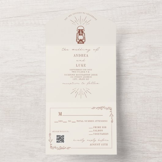 Rustic Terracotta Lantern RSVP Wedding All In One Uitnodiging (Binnen)