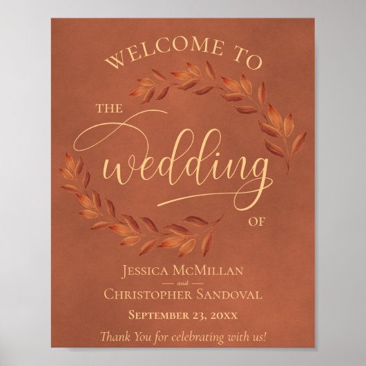 Rustic Terracotta Leaves Fall Wedding Welcome Sign Poster (Voorkant)