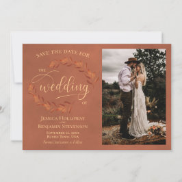 Rustic Terracotta Leaves & Photo Elegant Wedding Save The Date
