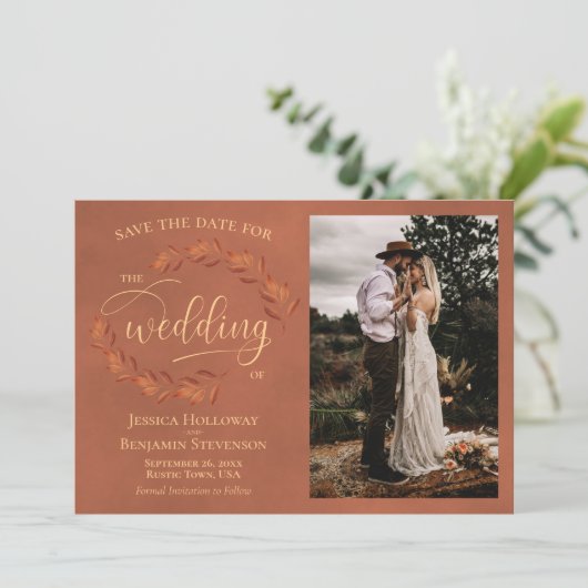 Rustic Terracotta Leaves & Photo Elegant Wedding Save The Date (Staand voorkant)
