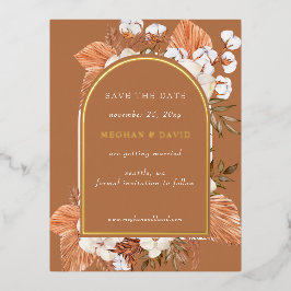 Rustic Terracotta Pampas Arched sparen de datum Folie Uitnodiging Briefkaart
