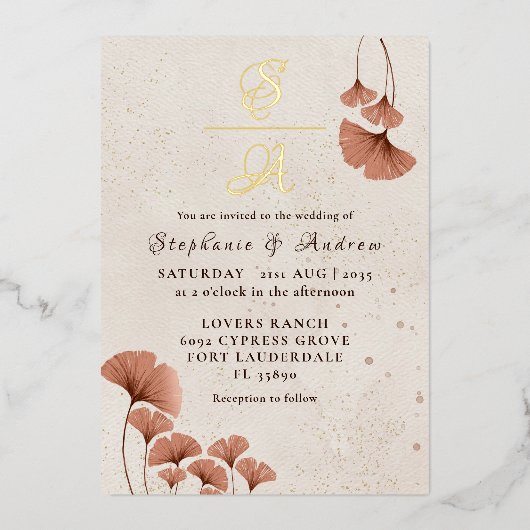 Rustic Terracotta & Real Gold Monogram Wedding Folie Uitnodiging (Voorkant)