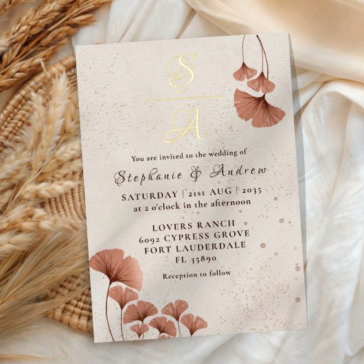 Rustic Terracotta & Real Gold Monogram Wedding Folie Uitnodiging