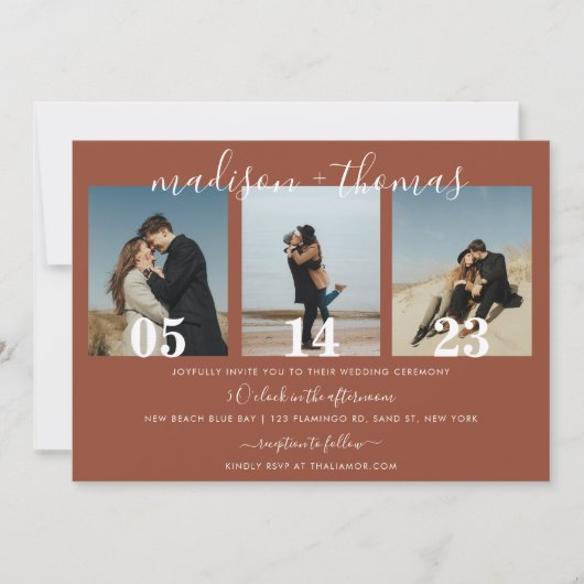 Rustic Terracotta Script Photo Collage Wedding Kaart (Voorkant)
