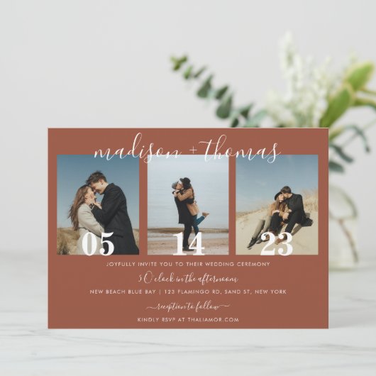 Rustic Terracotta Script Photo Collage Wedding Kaart (Staand voorkant)