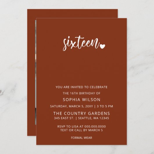 Rustic Terracotta Script Sweet 16 Birthday Foto Kaart (Voorkant / Achterkant)