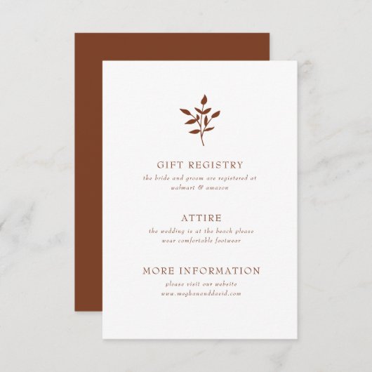 Rustic Terracotta Simple Modern Botanical Wedding Informatiekaartje (Voorkant / Achterkant)