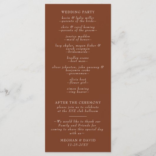 Rustic Terracotta Simple Modern Botanical Wedding Programmakaart (Achterkant)