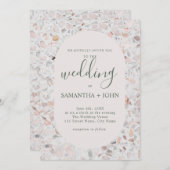 Rustic Terrazzo Off White Modern Script Weddenscha Kaart (Voorkant / Achterkant)
