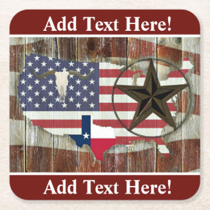 Rustic Texas Lone Star Texas Long Horn Square Pape Kartonnen Onderzetters