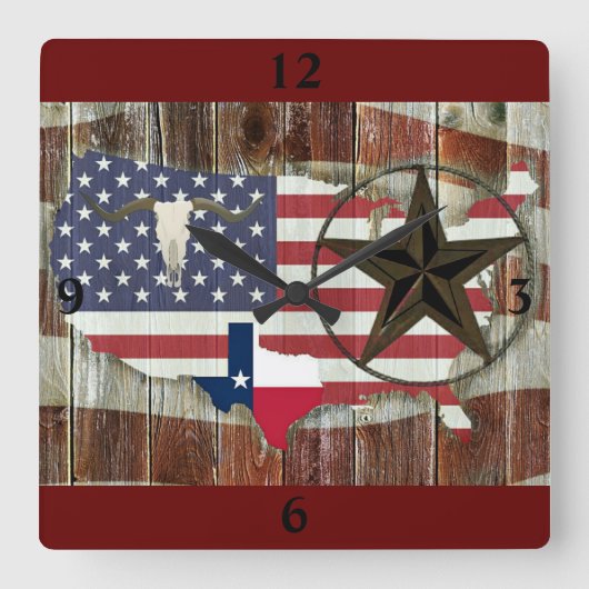Rustic Texas Lone Star Texas Long Horn Vierkante Klok (Voorkant)