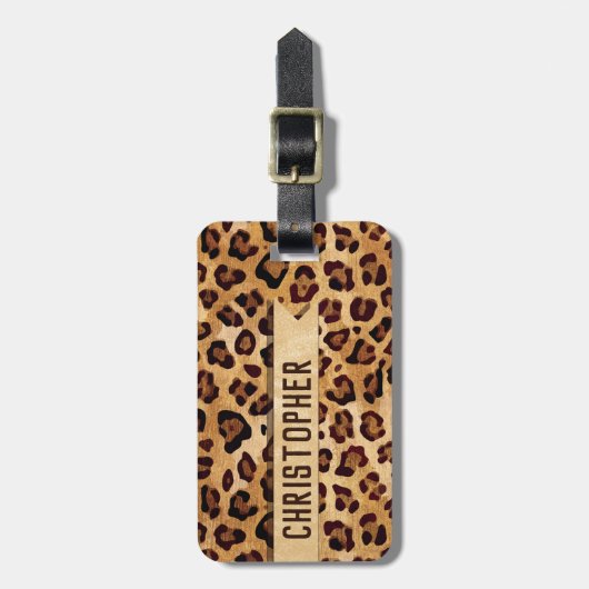 Rustic Texture Leopard Print Naam toevoegen Bagagelabel (Voorkant verticaal)