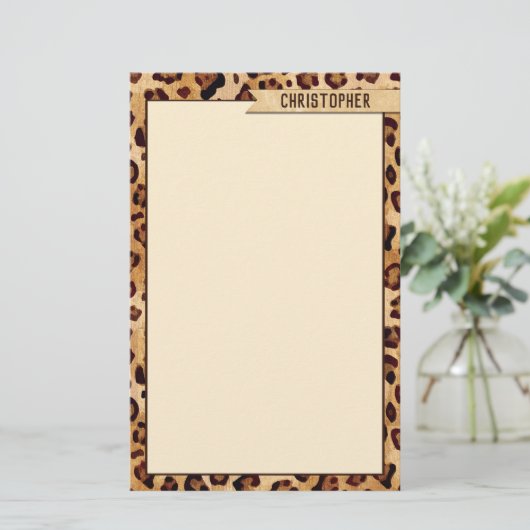 Rustic Texture Leopard Print Naam toevoegen Briefpapier (Staand voorkant)